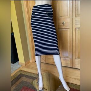 Caché Blue & White Striped Knit Zipper Midi Straight Pencil Skirt Small #104